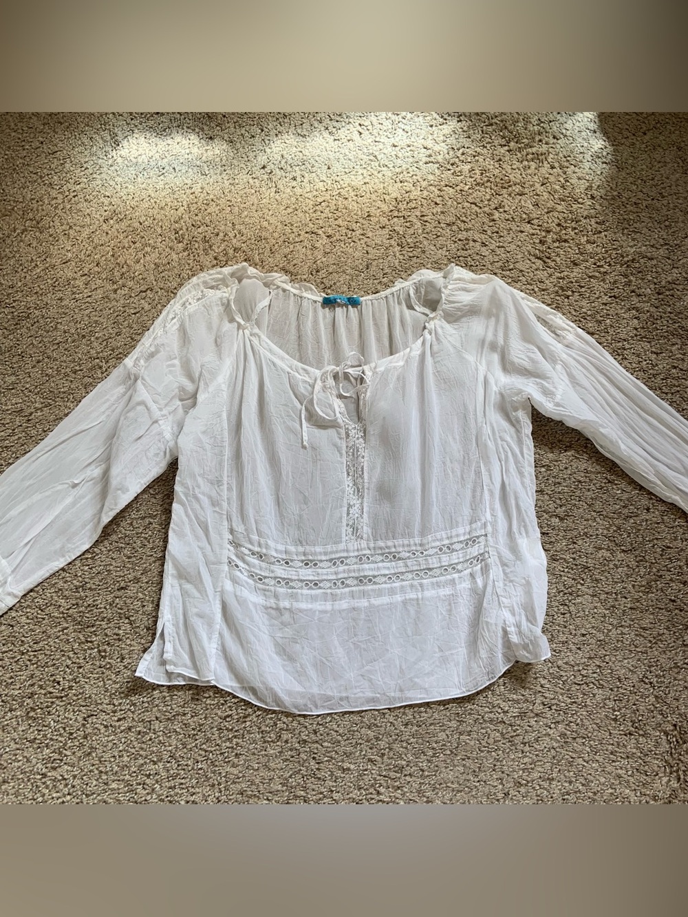 Johnny Was Sheer White Lace Tie Boho Peasant Y2K Long Sleeve Blouse Women’s Sz L